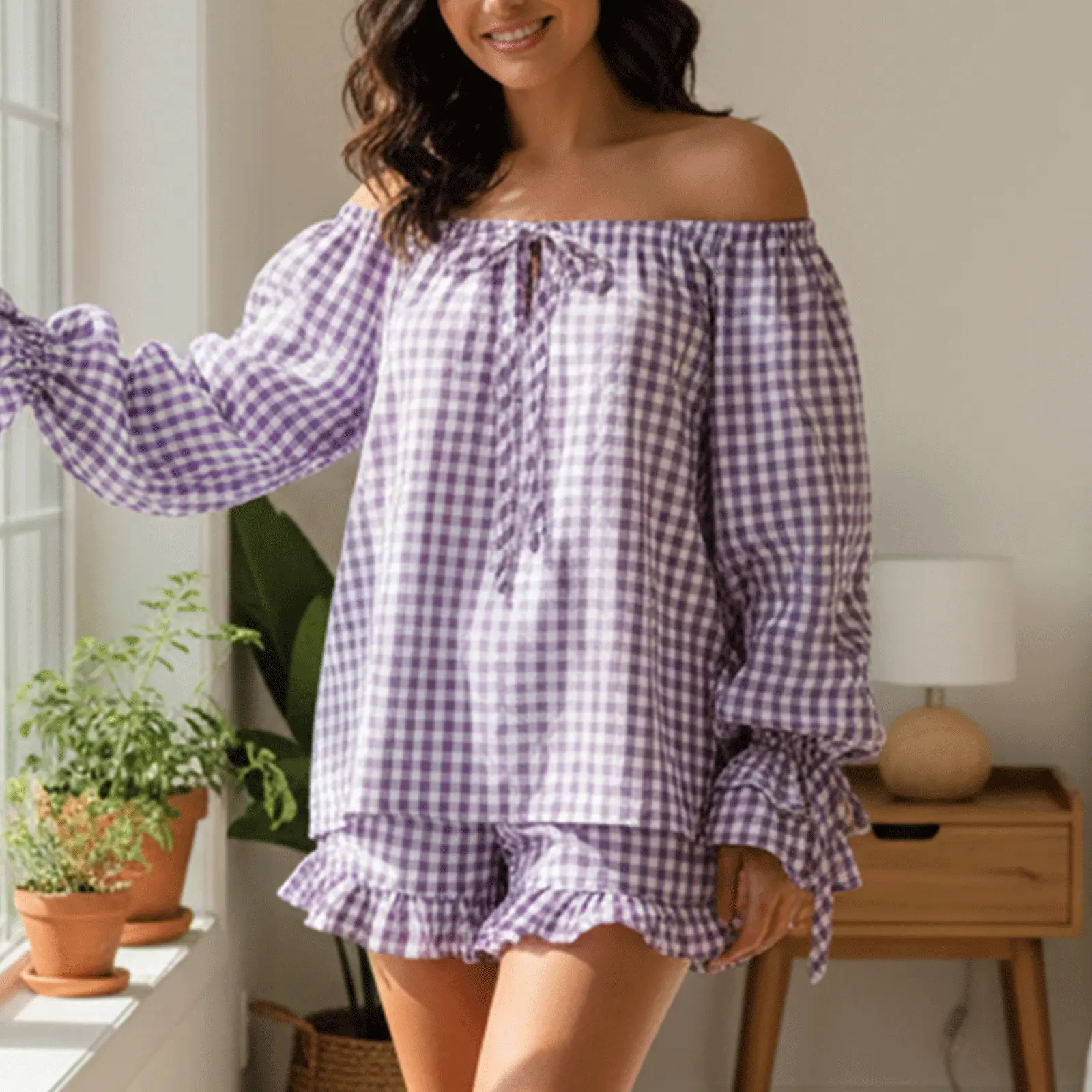 (70% Cotton) Women Fashion Plaid Outfit, Long Sleeve Tie Up Crew Neck T-shirt And Elastic Waist Shorts Outfit
