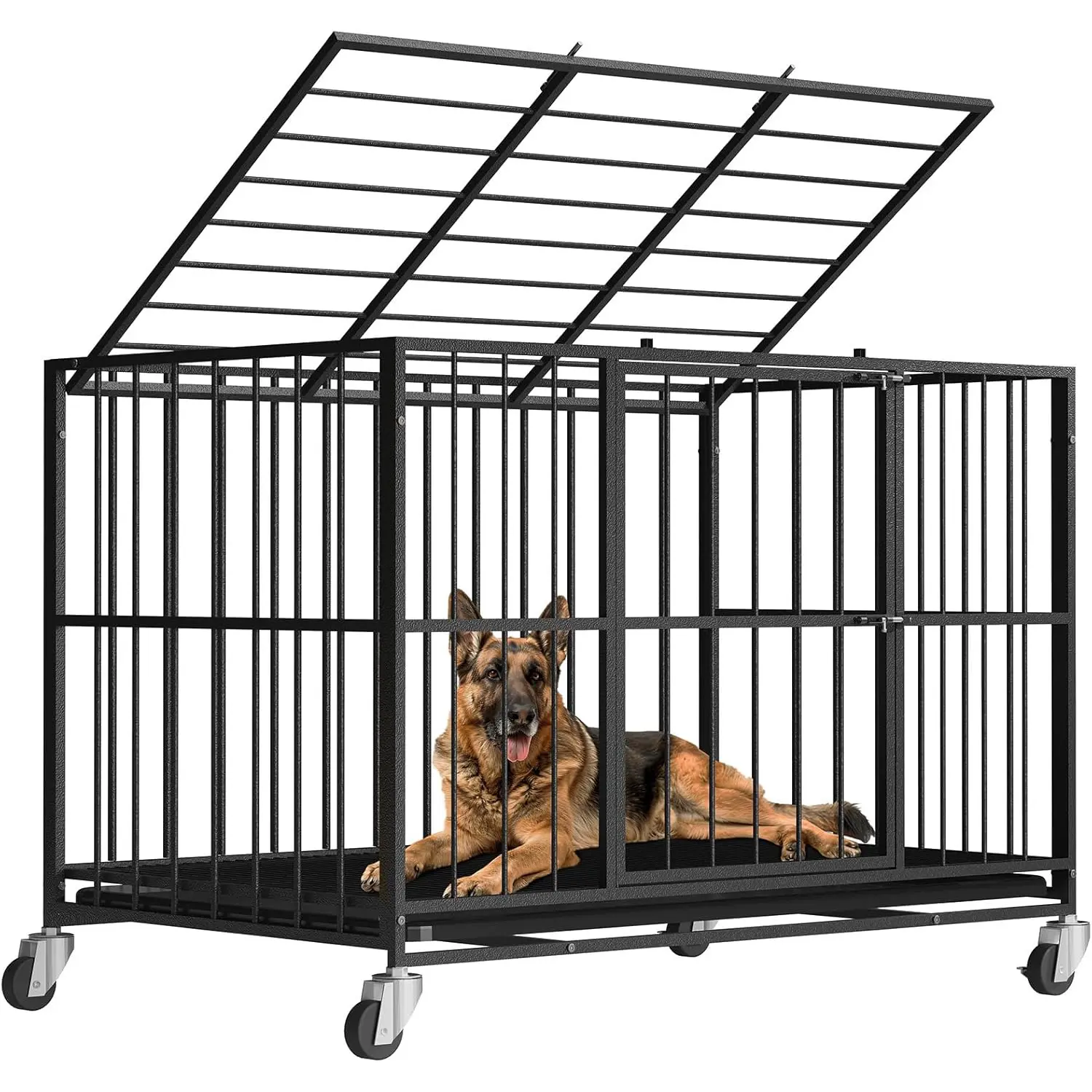 BOFNL Heavy-Duty Escape-Proof Large Dog Crate - Double Lockable Doors, Enclosed Puppy Kennel Cage, Removable Tray, Lockable Swivel Casters, Anxiety Relief, Sturdy Functional Indoor Use