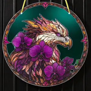 Purple Orchid Phoenix Round Suncatcher, Faux Stained Glass 8" Hangable Artwork, Lightweight Home Decor Window Hanging Decoration