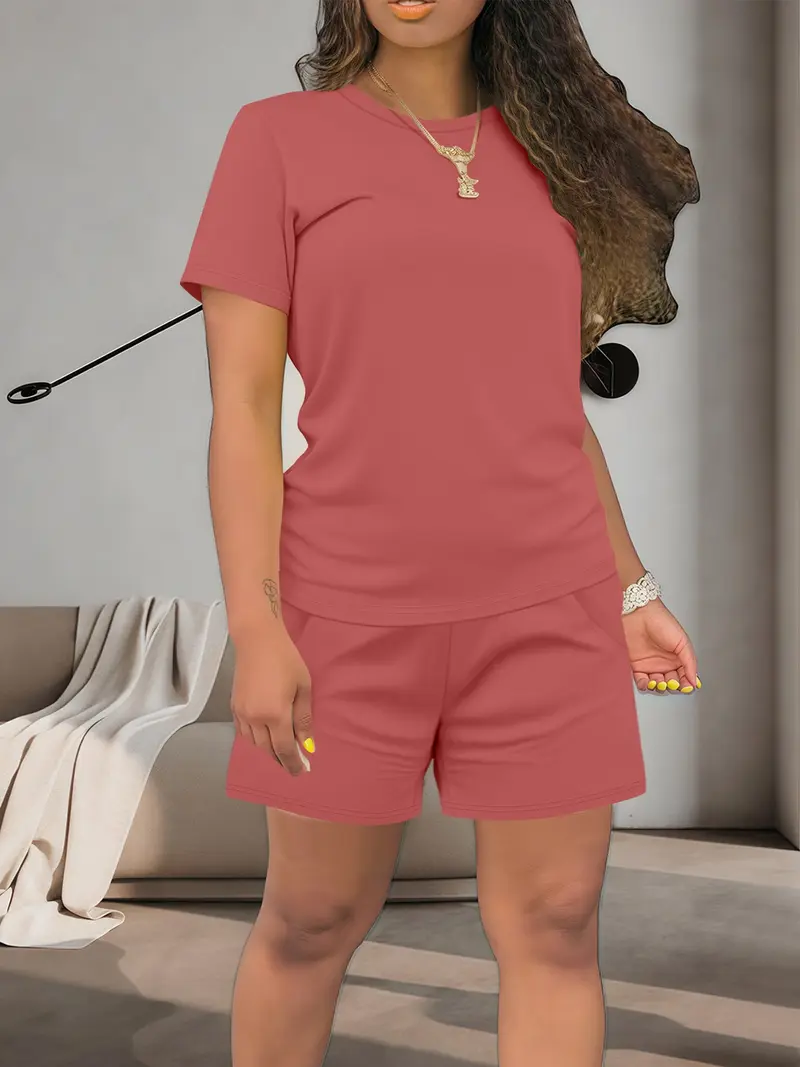 Women's Summer Casual Set, Regular Fit Short Sleeve Top & Shorts, Plain Color Women's, Comfortable Daily Wear