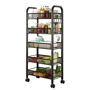 Rolling Pantry Storage Cart, 5-Tier Metal Portable Organizer with Wheels, Space-Saving Narrow Storage Trolley with Baskets for Kitchen, Laundry Room, Office, Smooth 4 Locking Casters