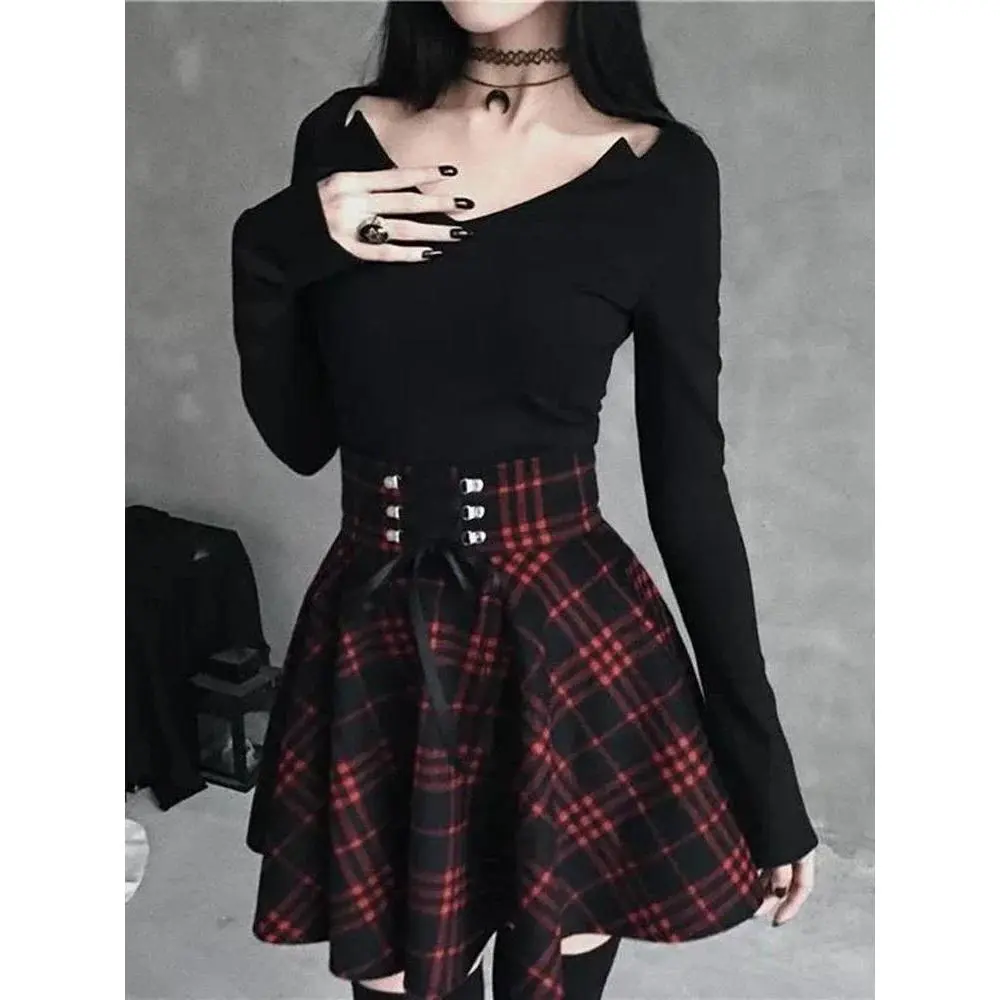 Black Checkered Women's Gothic Skirt Women Pleated Plaid Skirts Spring Autumn Girl Hip Hop Female Punk Goth Mini Skirt Clubwear