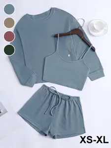 Women's Casual Style Waffle Knit Set, Summer & Spring Loose Fit, Plain Vintage Texture Top + Drawstring Shorts Home Wear, Womenswear Clothes Outfit