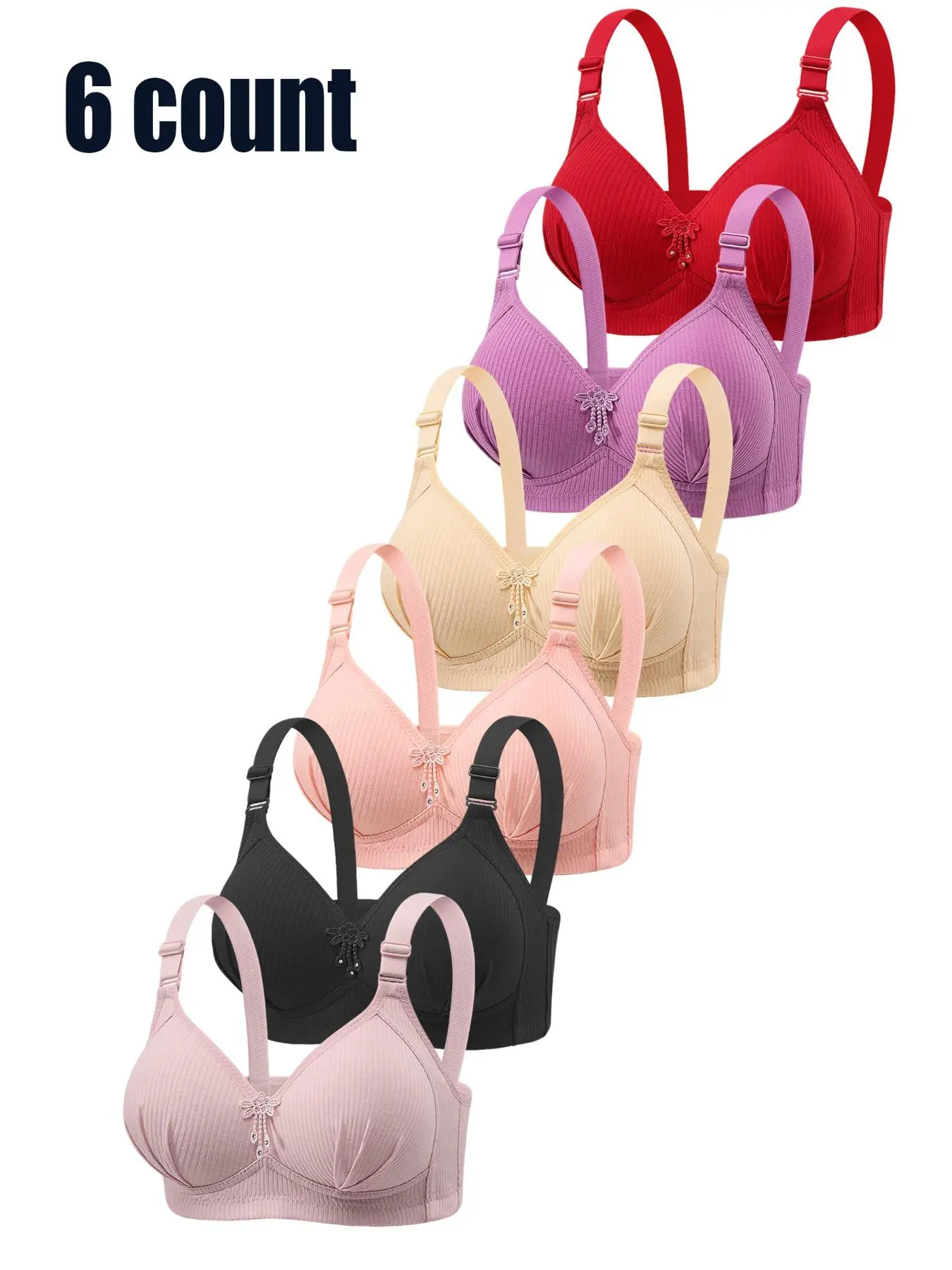 Women's Solid Knit Wireless Bra, Adjustable Strap Hook & Eye Back Bra, Soft Comfortable Breathable Everyday Lingerie Style for Daily Wear