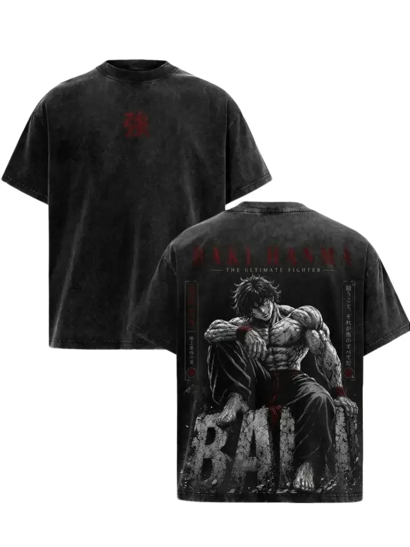 Baki Hanma Vintage Washed T-Shirt Oversized Anime Graphic Tee Double Sided Back Print Dark Manga Fighter Design Black Acid Wash Short Sleeve Shirt Retro Y2K Streetwear Gym Pump Cover Unisex Casual Anime Apparel