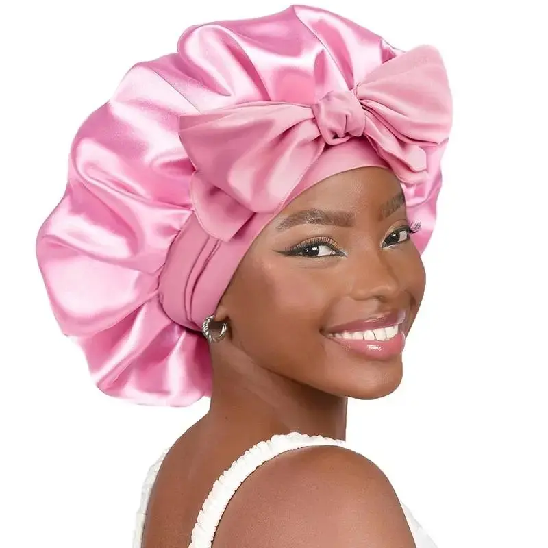 Women's Solid Satin Sleeping Bonnet with Adjustable Stretchy Elastic Tie Band, Dual-Use Hair Cover Turban, Soft Night Sleep Cap & Waterproof Shower Head Wrap for Long Short Hair