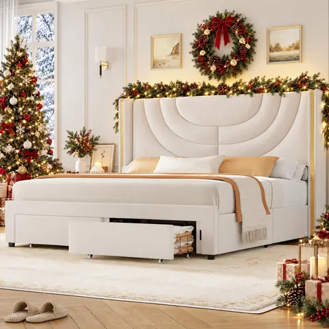 [No mattress] HOSTACK Upholstered LED Bed Frame with Storage Drawers, Wingback Headboard, Solid Wooden Slats Support, No Box Spring Needed, Headboard Splicing Design, Christmas Gift
