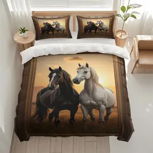 2/3Pcs Comfortable Two Horses Sunset Picture Quilt Cover Set, High-Definition Digital Printing, Suitable For All Year Round! Clearance Sale Perfect Gift 100% Polyester Fiber Machine Washable (1 Duvet Cover +1/2 Pillowcase, No Filling)