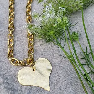 Gold Dip Brass Heart Statement Necklace - Elegant Chain Design with Large Heart Pendant