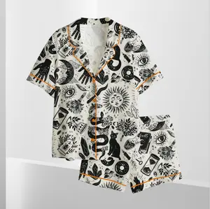 Witchy Things In Black And White Halloween Cat Satin Pajama Set #PersonalizedPjs #VintageVibe #PajamaCore #BambooPajamas