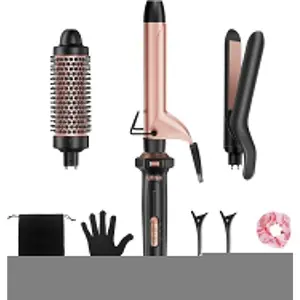 3 in 1 Curling Iron, Curling Wand Set with Thermal Brush Flat Iron Hair Straightener, Dual Voltage Wand Curler, Instant Heat Up Hair Curler, Include Protective Glove 2 Clips, Gifts for Women