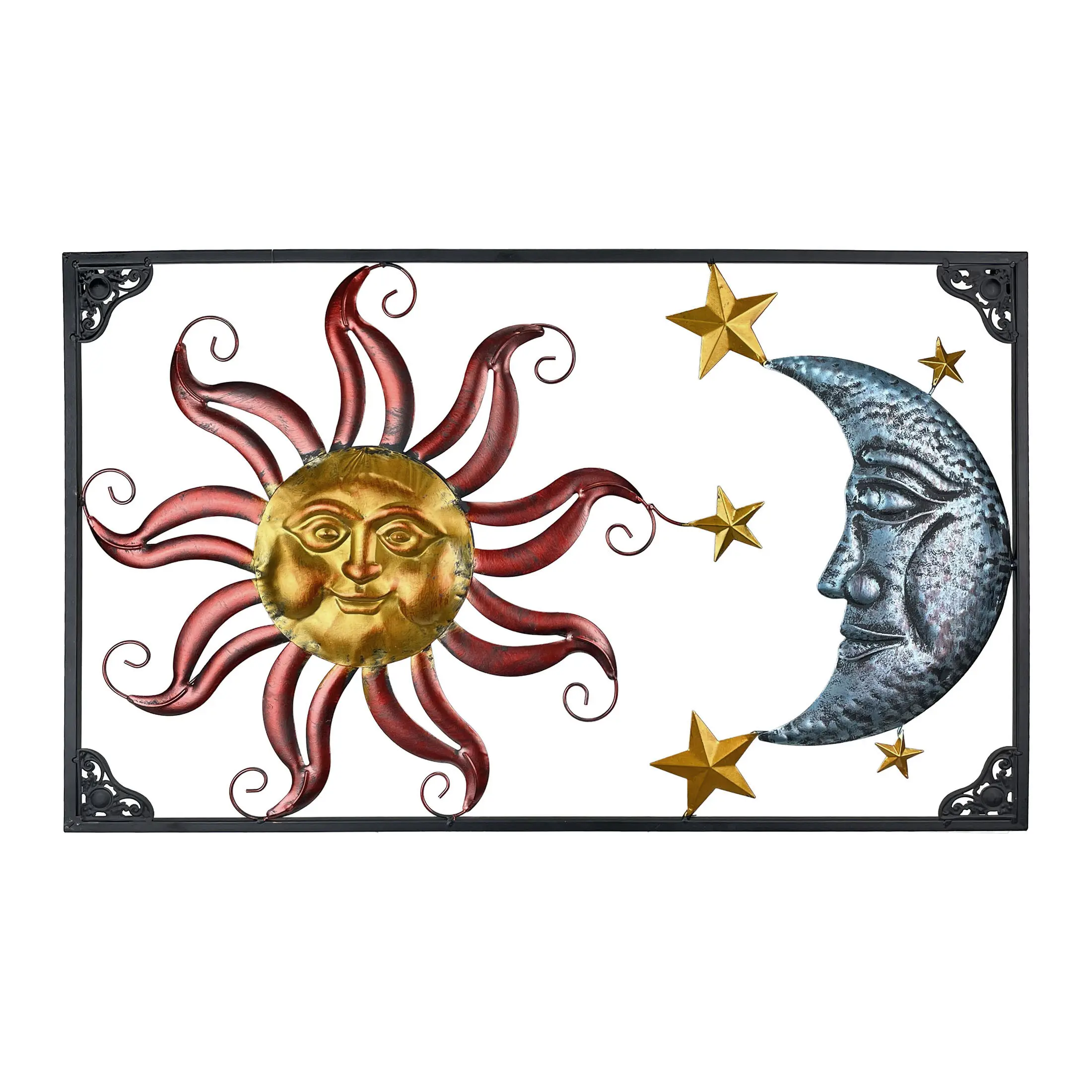Celestial Sun, Moon, and Stars Tri-Color Metal Indoor-Outdoor Wall Décor 30 Inches Long, Evokes Cosmic Harmony and Adds Celestial Charm to Any Setting