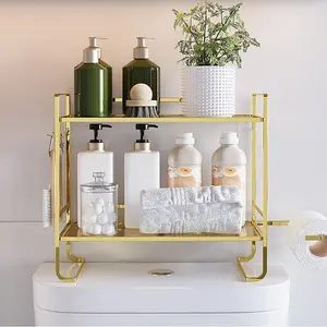 GARVEE Over Toilet Storage Shelf - 2-Tier Bathroom Organizer with Hooks and Paper Holder, Metal Space-Saving Multi-Purpose Toilet Tank Rack in Gold, One Size
