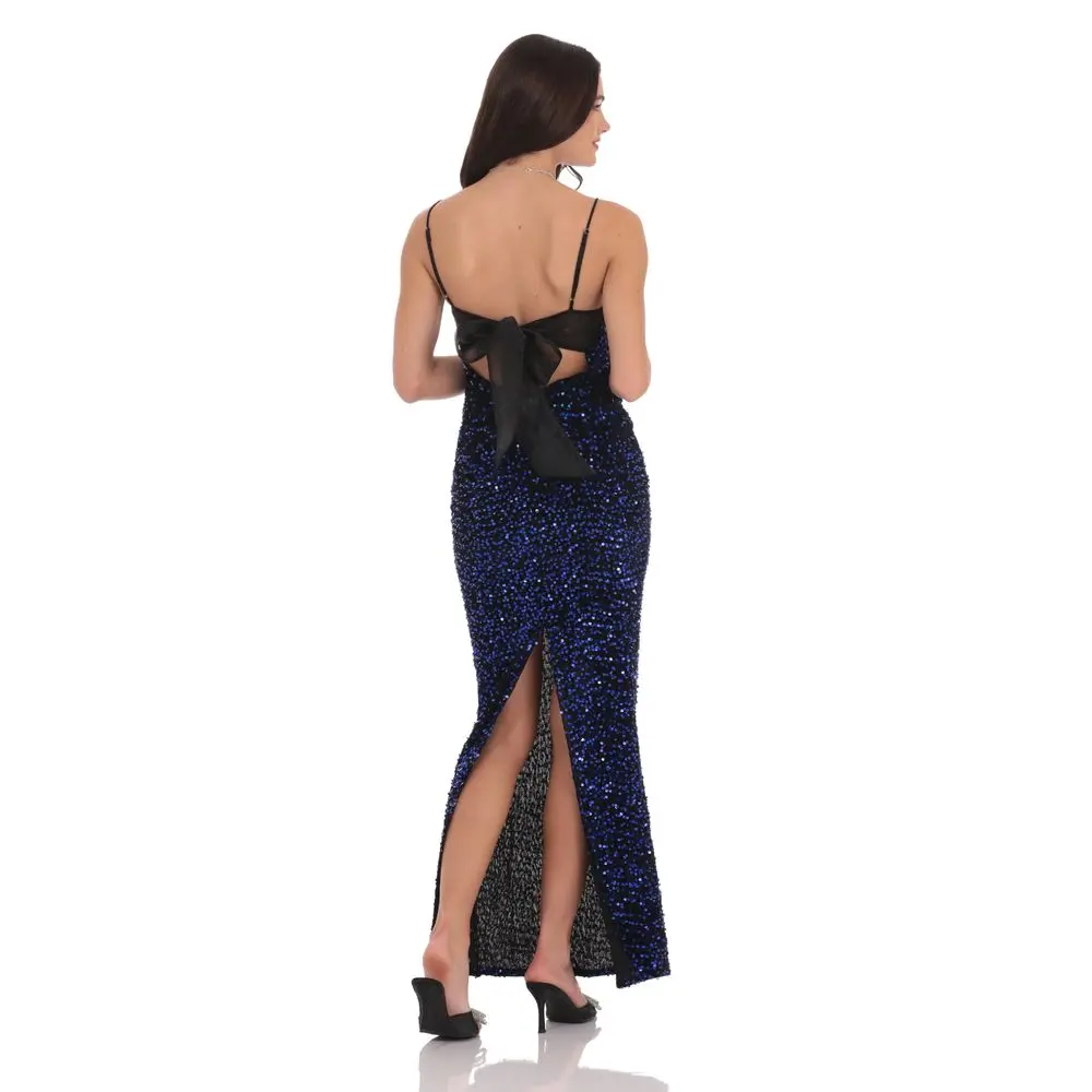 Velvet Blue Sequin Back Bow Maxi Dress in Black