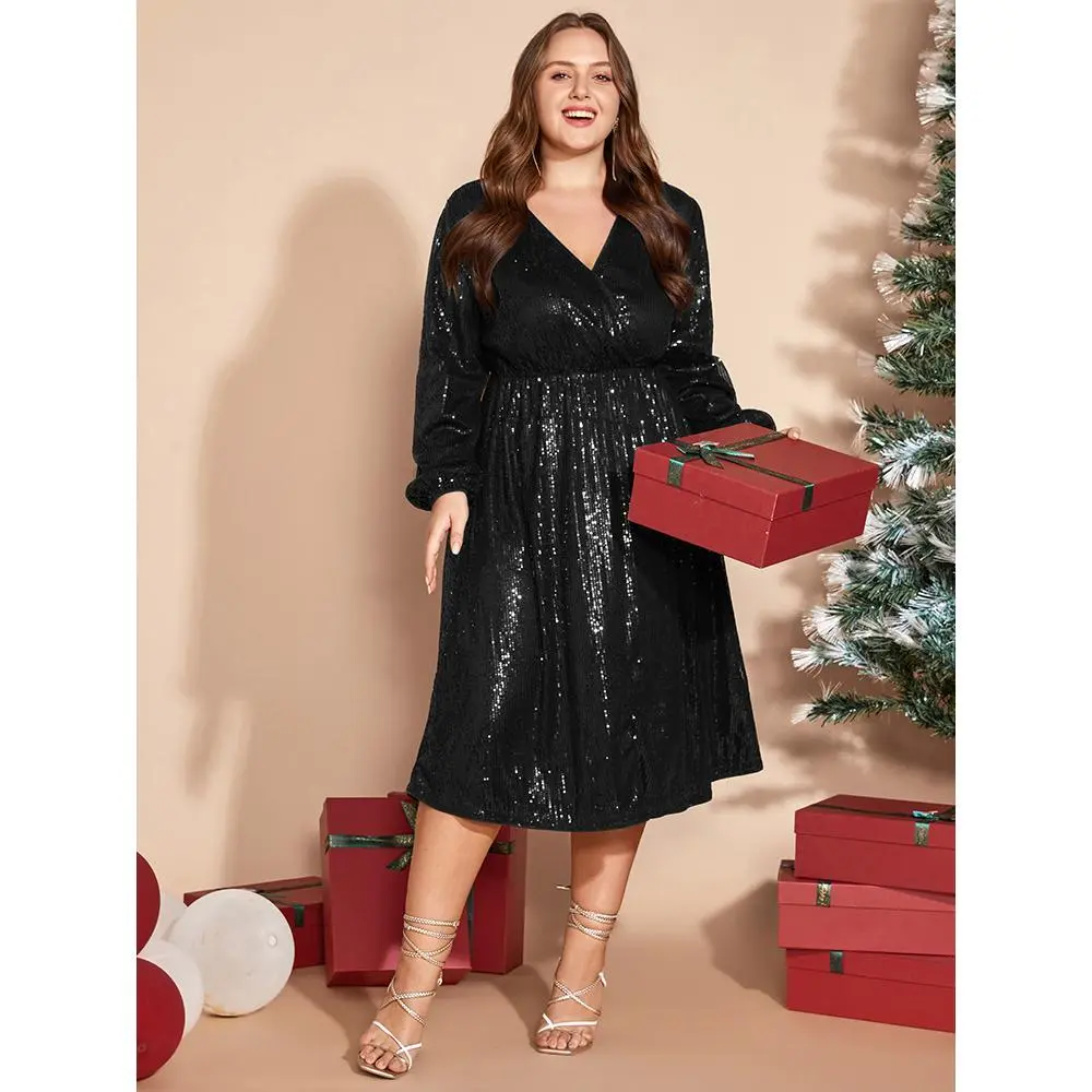 BLOOMCHIC Women's Plus Size Casual Solid Sequin Wrap Dress with Lantern Sleeves, Overlapping Neck, Pockets, Polyester Blend, Summer Finds [M-6X]