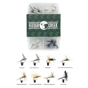 Feeder Creek Fly Fishing Assortment 24 Barbless Dry Flies in 8 Patterns (Adams Fly Renegade Dun and More) Fly Fishing Flies | Trout Flies | Bass Flies | Size 14 Includes Fly Box (Barbless Hooks)
