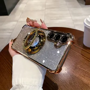 Glitter Stand with Four Corner Air Cushion Magnetic Holder And a Clear Electroplated Anti-Drop Shockproof Protective Case Cover for Various Samsung Galaxy Models Including A56, A55, A54, A53, A36, A35, A34, A26, A25, A16, And A15 Accessories