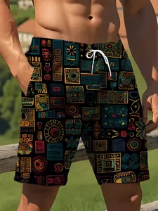 Men's Ethnic Print Beach Shorts, Casual Quick-Dry Short Pants, Summer Outdoor Vacation Essential, Loose-Fitting Mid Waist Drawstring Waist