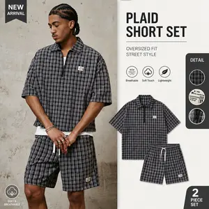 Men’s plaid zip-up shirt and matching shorts set — perfect for summer streetwear, casual outings, and everyday urban style, made from lightweight, breathable fabric