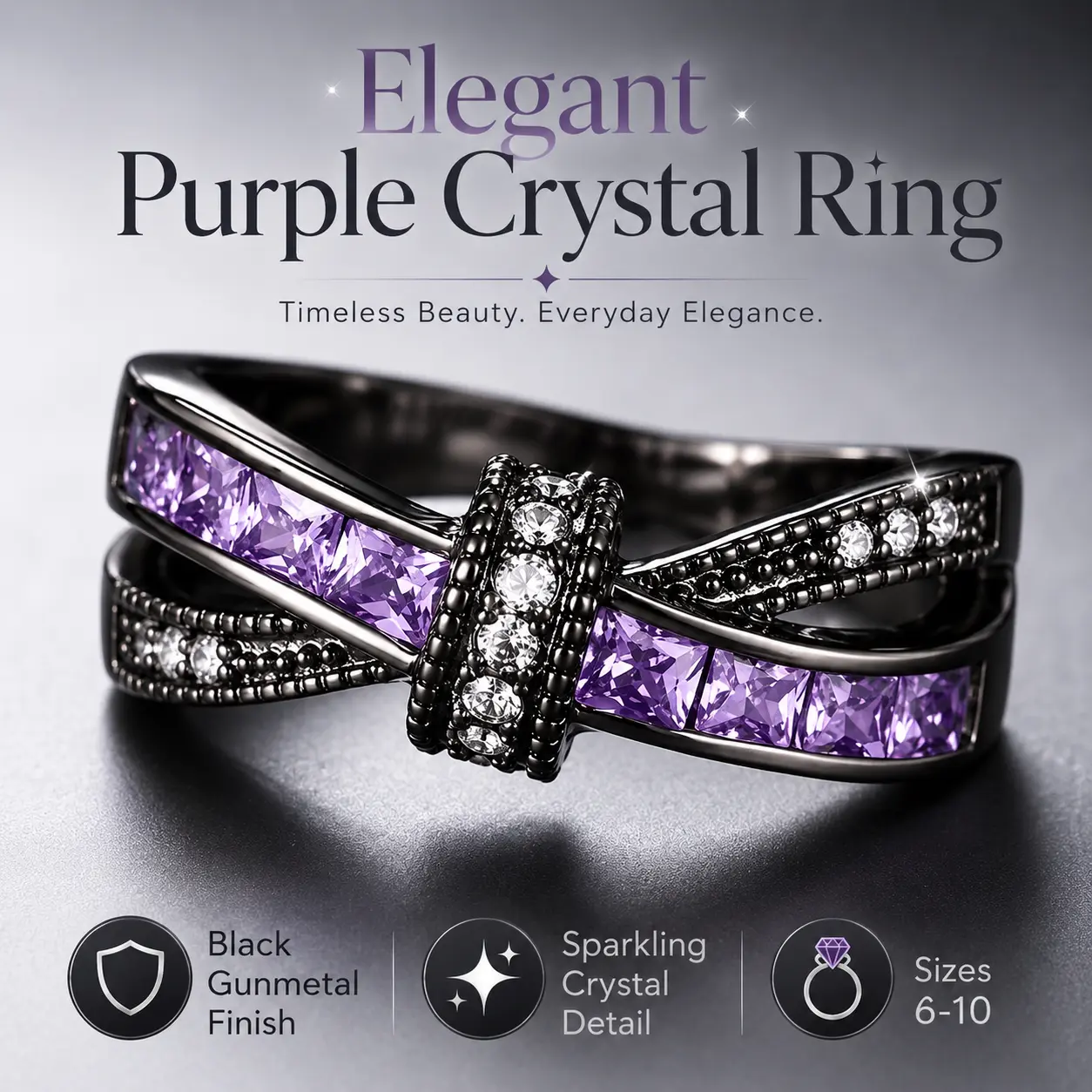 Black Gunmetal Lavender Purple Crystal Crossover Ring, Statement Cross Band with Clear Rhinestones, Sizes 6-10 Fashion Statement Jewelry for Women
