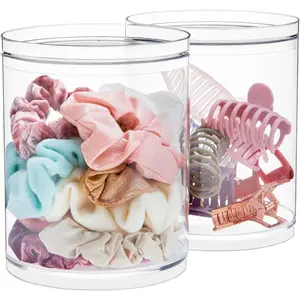 STORi Bella Tall Scrunchie Holder Stackable Clear Plastic Container Set of 2 Round Vanity Storage Organizers with Lids for Hair Accessories Beauty Supplies Made in USA