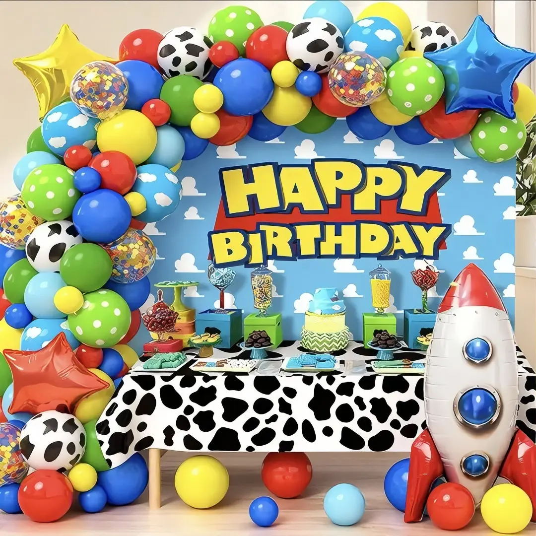 77-Piece Party Decorations Set with Balloons, Stars, and Rockets for a Fun Birthday Celebration