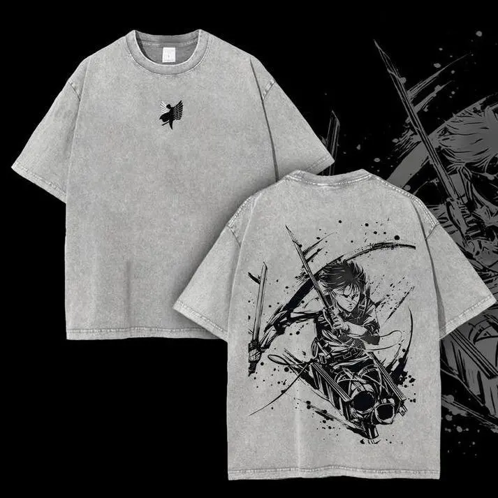 Levi Ackerman x Attack On Titan Merch – Washed Oversized T-Shirt, Heavyweight Cotton, Dark Aesthetic Anime Tee, Survey Corps Streetwear, Gift for AOT Fans graphic tee,subtle anime merch, Weeaboo Anime Manga Inspired, Oversized Anime Merch