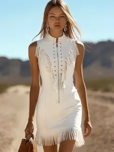 Boho Festival Sleeveless Artificial Suede Skirt, Full Fringe Back and Hem, Stand Collar, Perfect for Coachella, Casual Daily Wear, Summer Vacation, Bohemian Dress