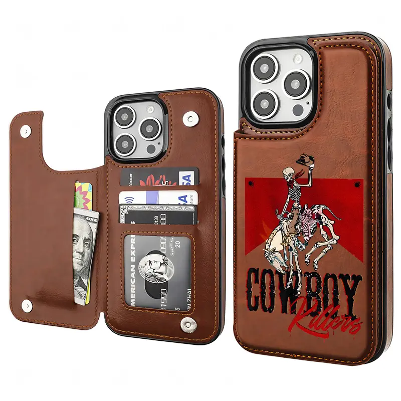 Retro Western Art Soft PU Leather Phone Case for iPhone 16/15/14/13/12 Pro/Plus/Max - Brown Cowboy Coors Beer Cow Theme, All-Around Protect Shockproof Anti-Drop Durable Casing, Card Holder Wallet, Gentle-Feel Men's Accessory Gift, Phone Accessory