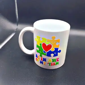 Autism Awareness 11 oz Ceramic Mug Double Sided Design with Be in My Awe'tism Puzzle Heart Theme for Understanding Acceptance