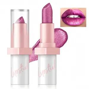 Metallic Purple Lipstick Long Lasting, High Shine Glitter Diamond Creamy Lipstick Transfer Proof, Shimmer High Impact Lip Color Full Coverage Non Stick Cup Lightweight Lip Makeup for Women
