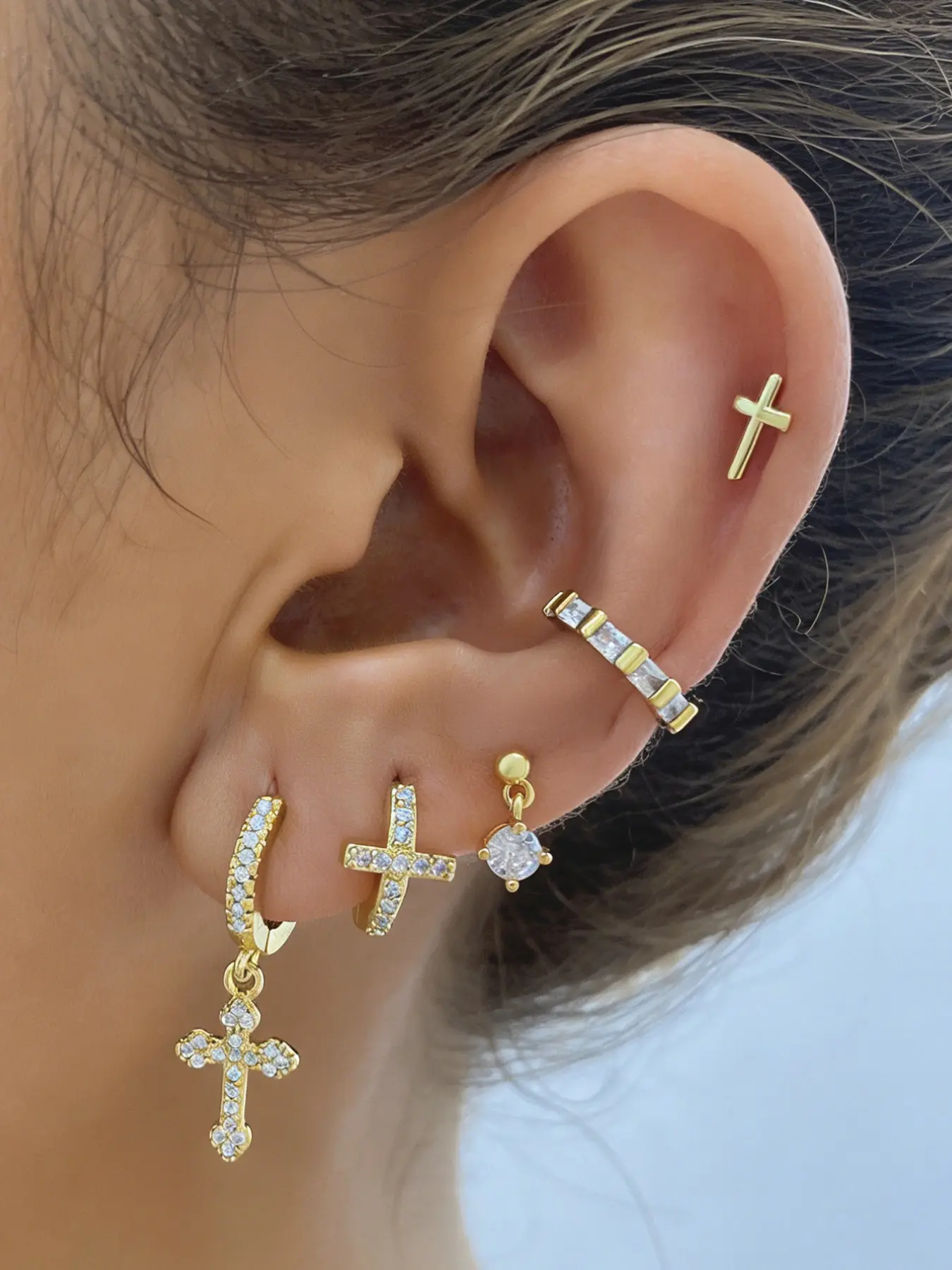 5Pcs Lucky 24K Gold Plated Cubic Zirconia Hoop Earrings Set For Women Fashion Earring Zircon Cross Stud Earrings Pack Drop Dangle Stackable Earrings Earring Sets Stack