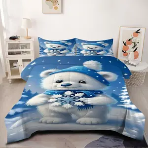 2/3Pcs Cute Polar Bear Snowflake Comforter Set, Cozy Fluffy Bedding Set for Winter, Adorable Blue Hat and Scarf Design, Perfect for Kids & Nursery Bedroom Decoration，1 or 2 Pillowcase No Pillow Core