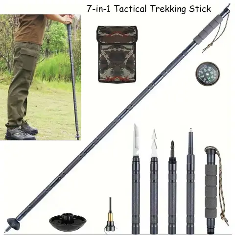 7-in-1 Adjustable Multifunctional Trekking Poles - Retractable Folding Tactical Accessory with Tinder, Compass, Saw Blade, Screwdriver, Pliers, Aluminum Alloy Build for Strength & Energy Efficiency, Fast Delivery, All Seasons Off Grid Survival Hiking Gear