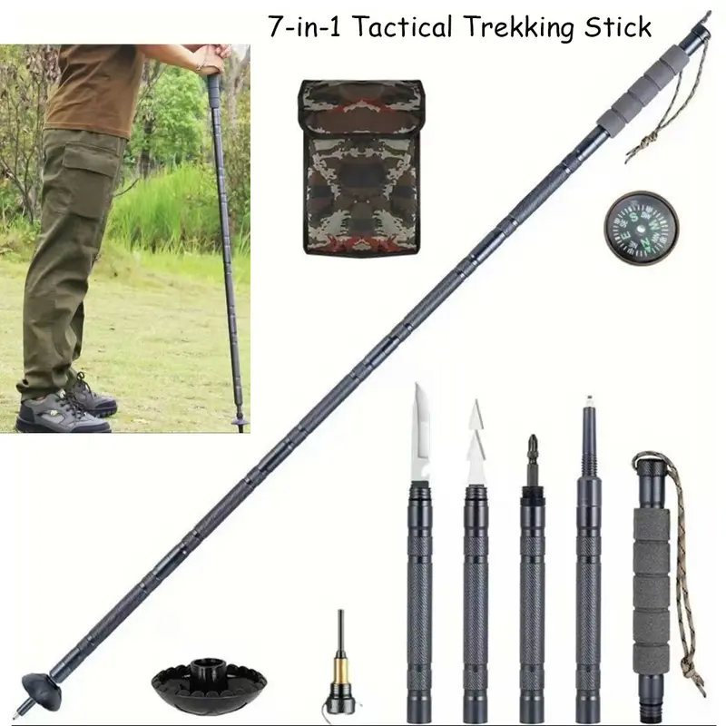 7-in-1 Adjustable Multifunctional Trekking Poles - Retractable Folding Tactical Accessory with Tinder, Compass, Saw Blade, Screwdriver, Pliers, Aluminum Alloy Build for Strength & Energy Efficiency, Fast Delivery, All Seasons Off Grid Survival Hiking Gear