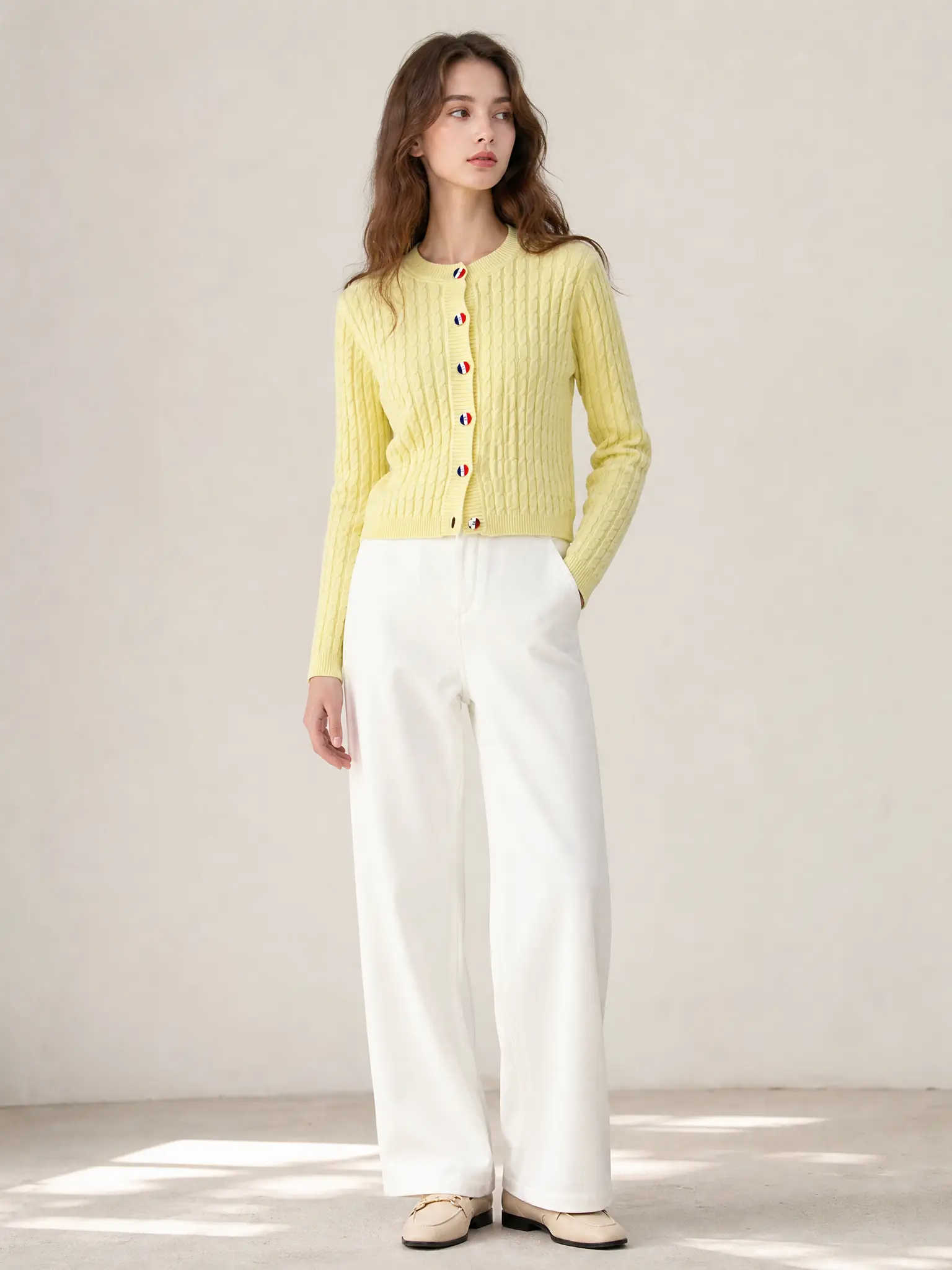 Women's Light Yellow Cable-Knit Crew Neck Long Sleeve Slim Fit Medium Length Casual Cardigans with Colorful Buttons - Soft Knitwear Top