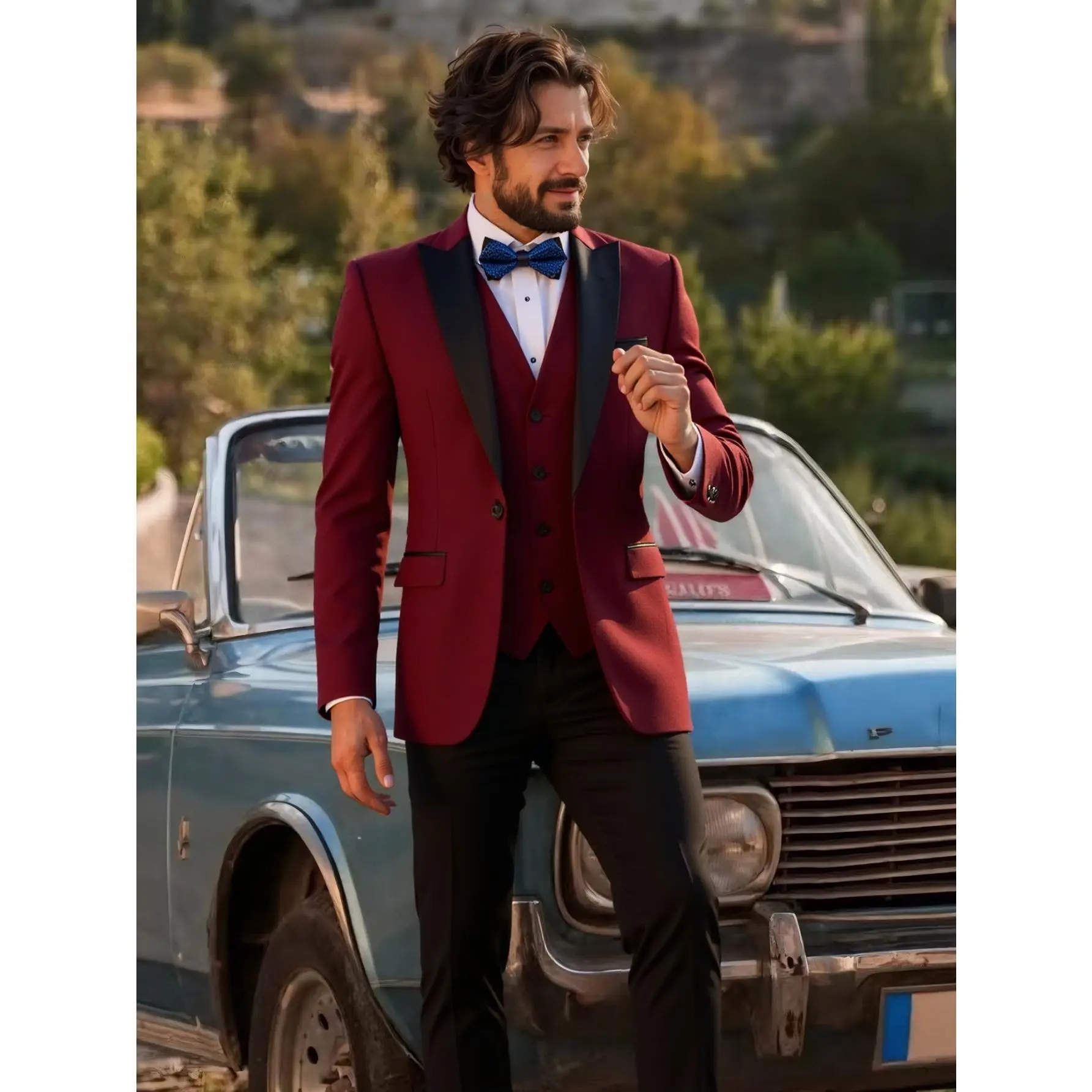 Men's 3-Piece Slim Fit Tuxedo, Vintage Shawl Lapel Suit Set in Polyester-Rayon Blend for Weddings, Prom & Evening Party, Boat Neck, Synthetic Men's Suits, Tailored Men's Suits