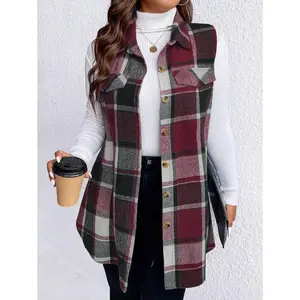 Plus Size Plaid Casual Vest Coat Autumn Winter for Thanksgiving Regular Fit with Button Pockets Collar Daily Wear