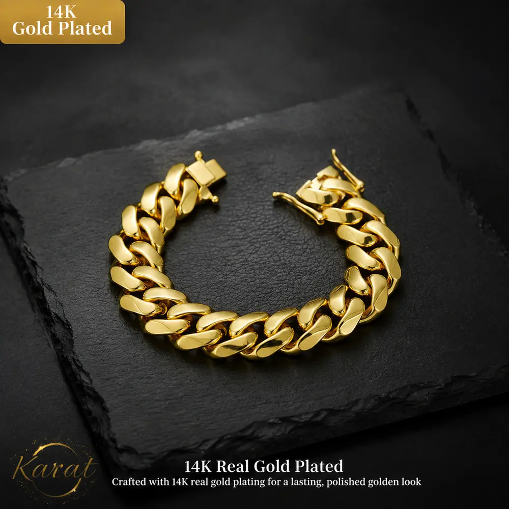 14k Gold Plated Heavy Mens Soild Cuban Link Chain Bracelet Brass Stainless Steel Miami Bangle Hip Hop Jewelry Gift