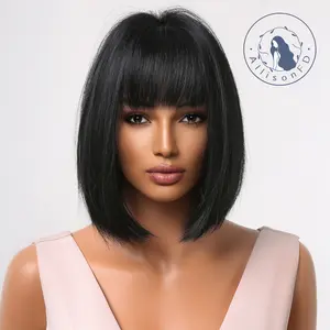 INSTYLE  10 Inch  Natural  Black Short Bob Wigs With Bangs  Synthetic Heat Resistant  for Women Daily Wear Party Use