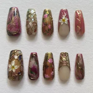 Handmade Vintage Mosaic Press On Nails | 3D Flowers, Stained Glass Effect, Gold Outlines & Marble Rose Art | Nails For Elegant Artistic Vibe