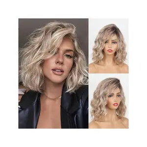 Short Ombre Blonde Curly Bob Wigs With Bangs For White Women Side Part Platinum Blonde Wavy Bob Wig With Dark Roots Synthetic Light Blonde Mixd Dirty Blonde Wig Daily Use