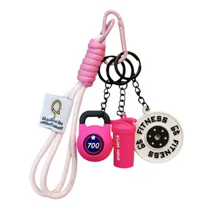 Gym Kettlebell & Weight Plate Bag Charm Keychain, Chain-Attached Soft Silicone PVC Lanyard, Gold-Plated Glitter Cherry Accessory, Bag Charm Keychains, Chain-Attached Keychains