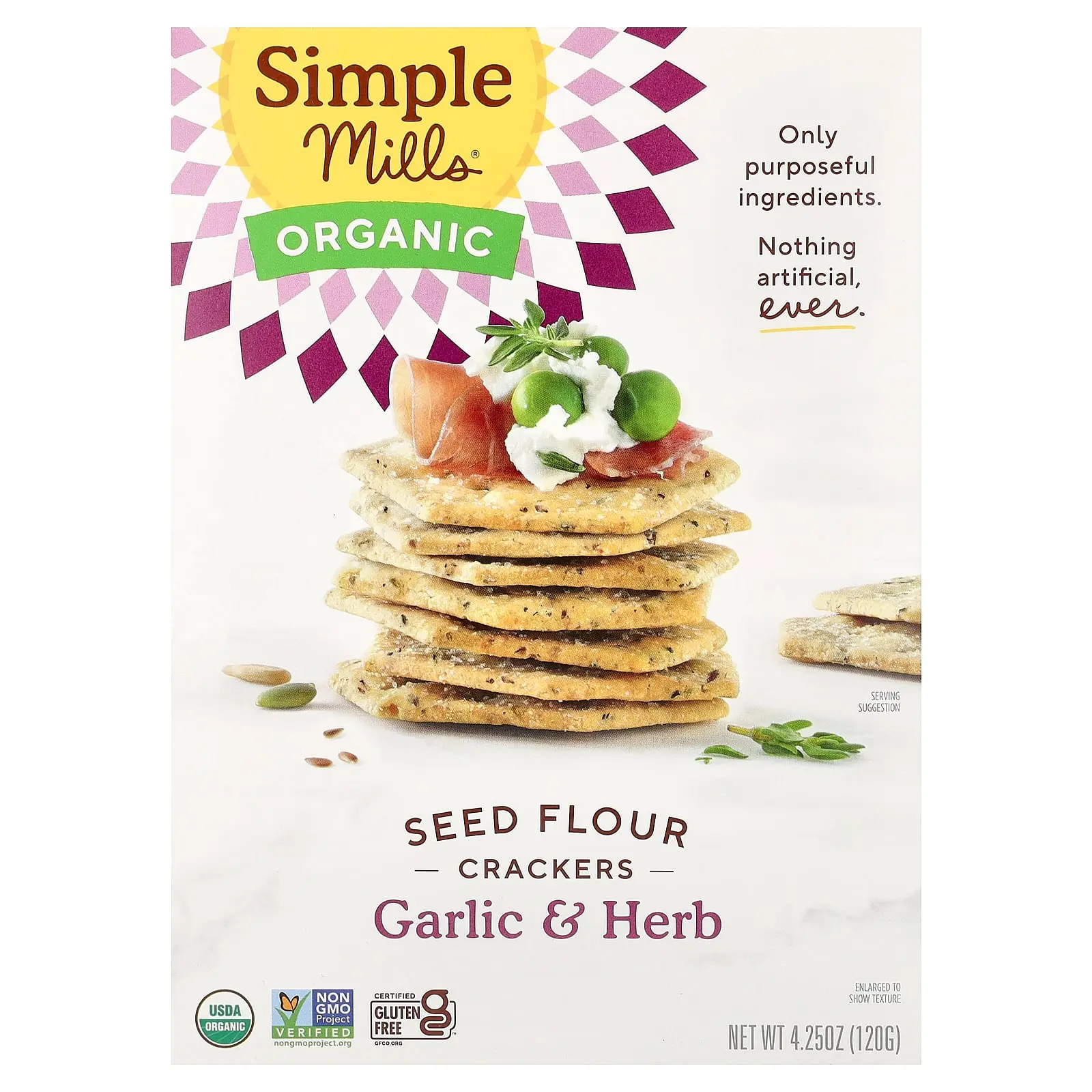 Simple Mills Organic Seed Flour Crackers, Garlic & Herb, 4.25 oz (120 g)