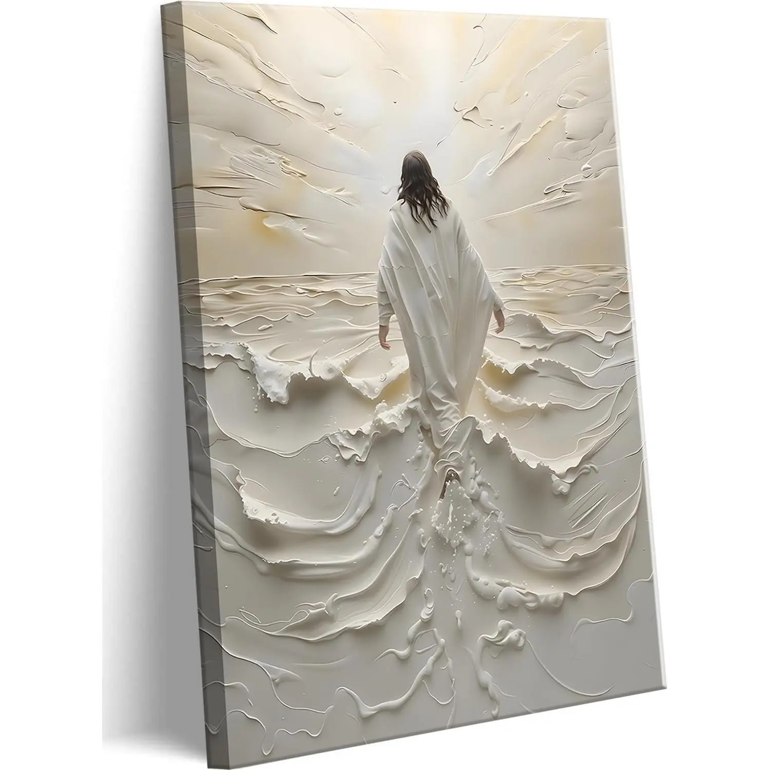 Artistic Abstract Jesus Walking on Water Religious Canvas Art Print, Multi-Size Wall Decor, Creative Modern Home Decoration, Christian Spiritual Holy Light Gift for Living Room