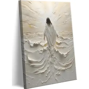Abstract Jesus Walking on Water Canvas Wall Art Christian Spiritual Wall Decor Pictures Divine Light Modern Religious Posters Prints for Living Room Bedroom Church Decoration 12x16in