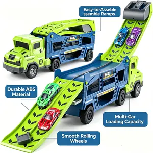 Transforming Carrier Truck with Dual Race Ramp & 4 Mini Cars, Portable Toy Transporter with Launcher Function for Kids Racing Games outdoorfun