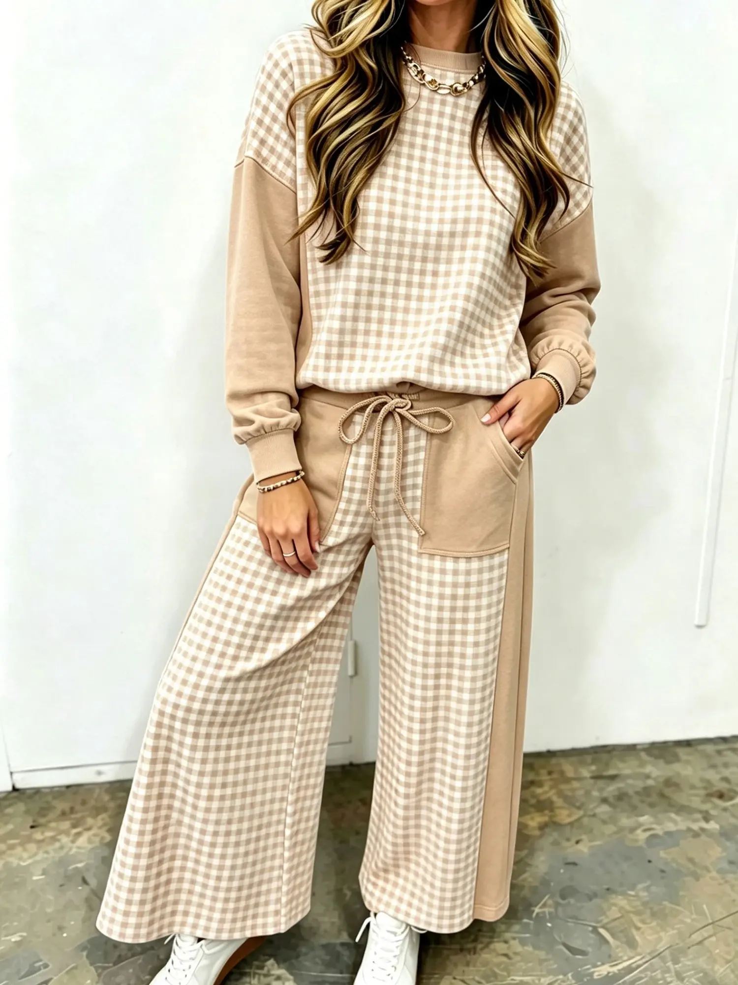 Women's 2-Piece Plaid Colorblock Patchwork Outfit - Solid Ribbed Fabric Long Sleeve Pullover Top & Baggy Loose Wide Leg Pants, Casual Matching Clothing Set