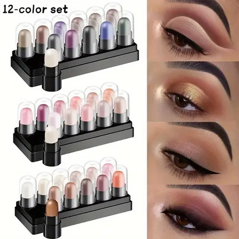 12-Color Waterproof Eyeshadow Lipstick Set 2 in 1 Lip And Eye Makeup Shimmer Glitter & Highlighter Pens Creamy Texture Long Lasting Travel Friendly