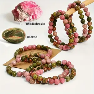 Bohemian-Style Bracelet with Flower Motif Emerald Red Wood Grain Rhodochrosite Unakite Natural Gemstones Fine Jewelry Accessory for Unisex